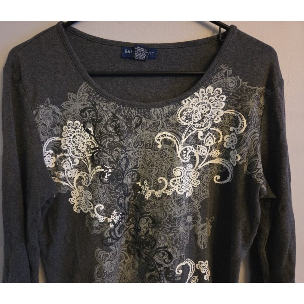 Karen Scott Shirt Top Medium Gray Geometric Multicolor Pattern 3/4 Sleeve Top - Picture 2 of 4